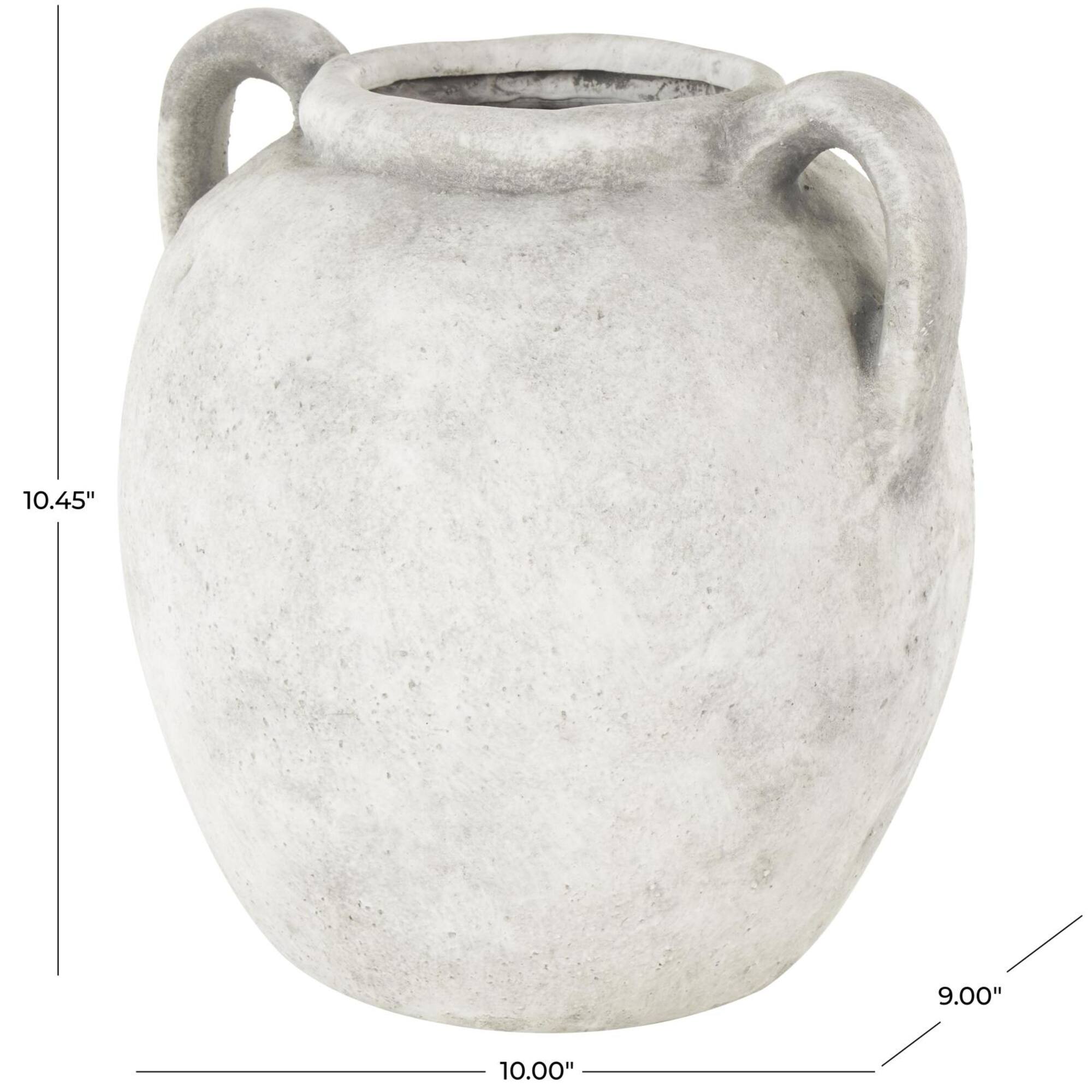10.5" White Ceramic Antique Style Textured Vase with Black Shadings & Handles